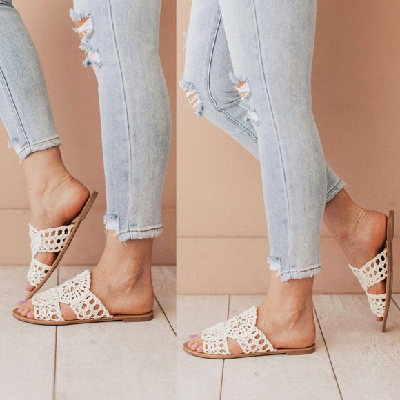 NEW Off White Crochet Lace Raffia Straw Slip On Slides Slippers Sandals Shoes - Picture 5 of 12